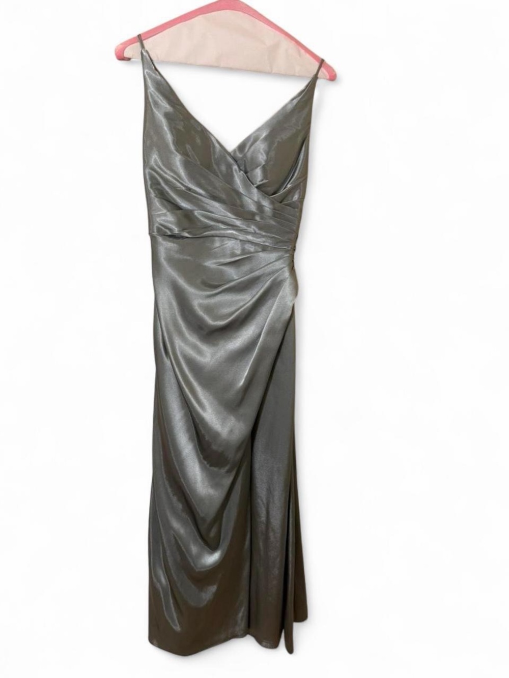 Satin V‑Neck Slip Dress with Draped Waist in Sage Green